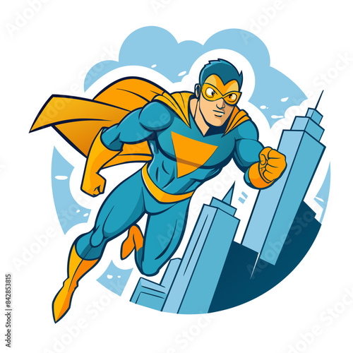 comic book-style superhero flying through the sky, with a cityscape background and action lines emphasizing speed and power