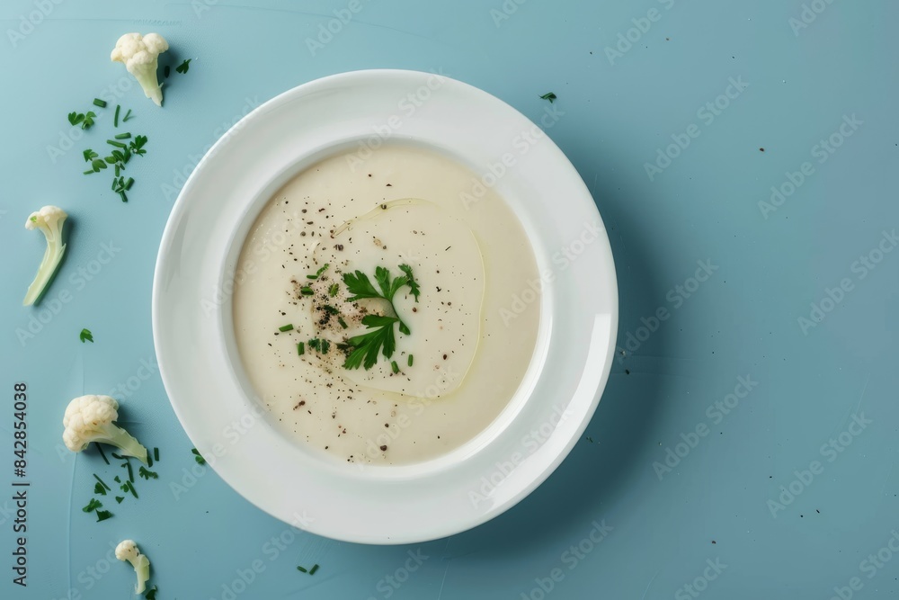 Creamy Cauliflower Soup With Parsley Garnish and Black Pepper on a Blue Table Creamy Cauliflower Soup With Parsley Garnish and Black Pepper on a Blue Table