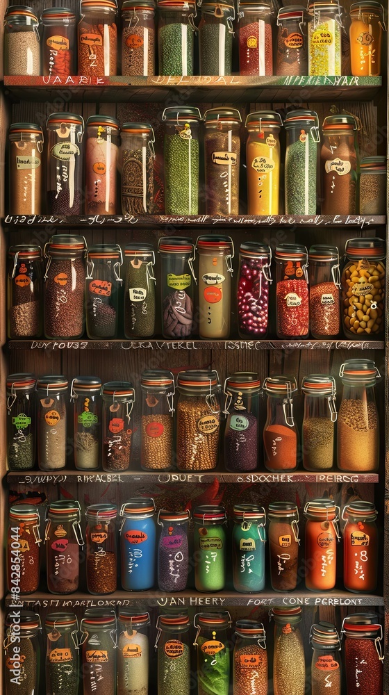 A spice rack overflowing with colorful jars labeled in different languages (realistic)