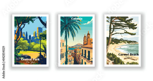 Carmel Beach, California, Catania, Italy, Central Park, New York - Vintage travel poster. Vector illustration. Poster Travel for Hikers Campers Living Room Decor