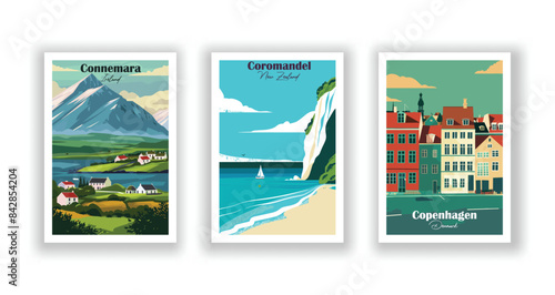 Connemara, Ireland, Copenhagen, Denmark,  Coromandel, New Zealand - Vintage travel poster. Vector illustration. Poster Travel for Hikers Campers Living Room Decor