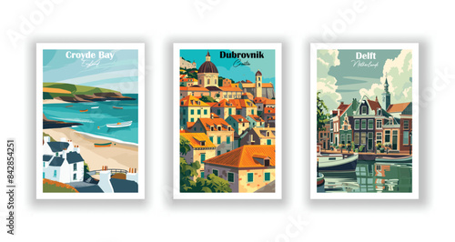 Croyde Bay, England, Delft, Netherlands, Dubrovnik, Croatia - Vintage travel poster. Vector illustration. Poster Travel for Hikers Campers Living Room Decor