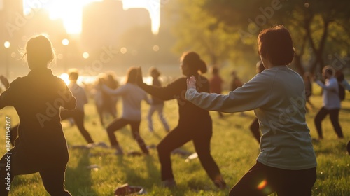 Early Morning Tai Chi Class in City Park with Diverse Group
