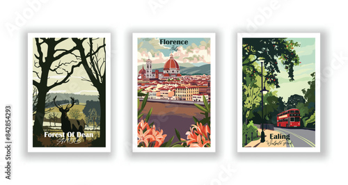 Ealing, Walpole Park, Florence, Italy, Forest Of Dean, AONB - Vintage travel poster. Vector illustration. Poster Travel for Hikers Campers Living Room Decor