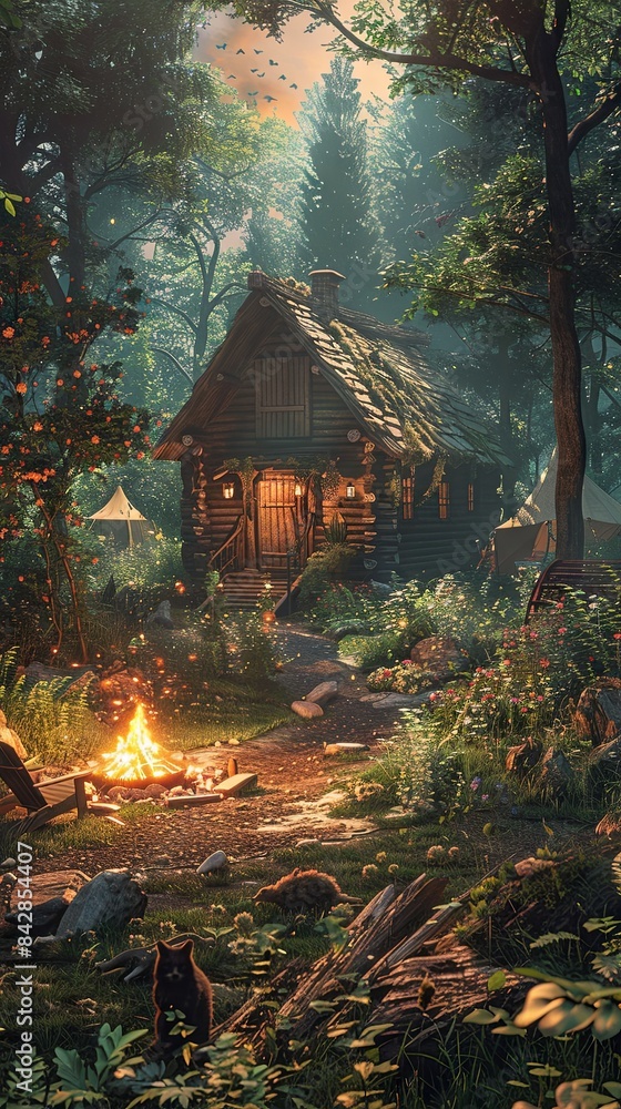 A tranquil forest glade with a wooden cabin, campfire, tents, and forest creatures, realistic. A tranquil forest glade with a wooden cabin, campfire, tents, and forest creatures, realistic.