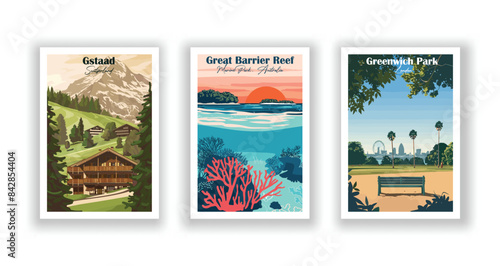Great Barrier Reef Marine Park, Australia, Greenwich Park, London, Gstaad, Switzerland - Vintage travel poster. Vector illustration. Poster Travel for Hikers Campers Living Room Decor