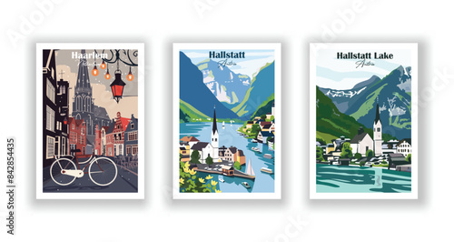 Haarlem, Netherlands, Hallstatt Lake, Austria, Hallstatt, Austria - Vintage travel poster. Vector illustration. Poster Travel for Hikers Campers Living Room Decor