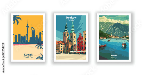 Kotor, Montenegro, Krakow, Poland, Kuwait, Middle East - Vintage travel poster. Vector illustration. Poster Travel for Hikers Campers Living Room Decor