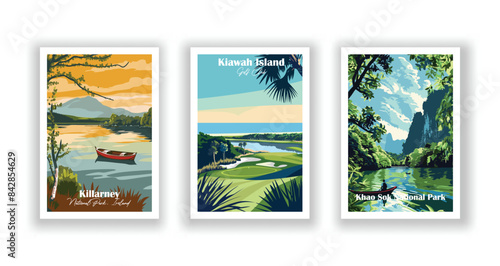 Khao Sok National Park, Thailand, Kiawah Island Golf Club, Killarney, National Park, Ireland - Vintage travel poster. Vector illustration. Poster Travel for Hikers Campers Living Room Decor