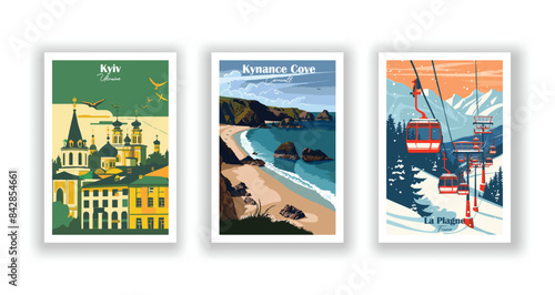 Kyiv, Ukraine, Kynance Cove, Cornwall, La Plagne, France - Vintage travel poster. Vector illustration. Poster Travel for Hikers Campers Living Room Decor