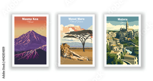 Masai Mara National Reserve, Matera, Spain, Mauna Kea, Hawaii - Vintage travel poster. Vector illustration. Poster Travel for Hikers Campers Living Room Decor