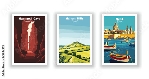 Malta, Europe, Malvern Hills, England, Mammoth Cave, National Park - Vintage travel poster. Vector illustration. Poster Travel for Hikers Campers Living Room Decor