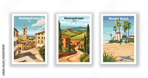 Mission Beach, California, Montepulciano, Italy, Montepulciano, Italy - Vintage travel poster. Vector illustration. Poster Travel for Hikers Campers Living Room Decor