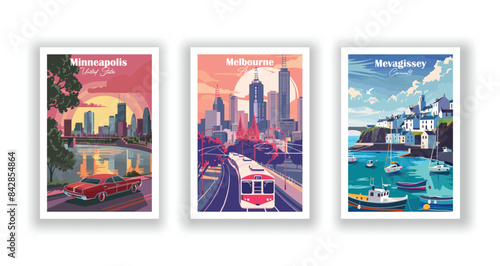 Melbourne, Australia, Mevagissey, Cornwall, Minneapolis, United States - Vintage travel poster. Vector illustration. Poster Travel for Hikers Campers Living Room Decor