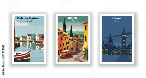 Orvieto, Italy, Ottawa, Canada, Padstow Harbour, Cornwall - Vintage travel poster. Vector illustration. Poster Travel for Hikers Campers Living Room Decor