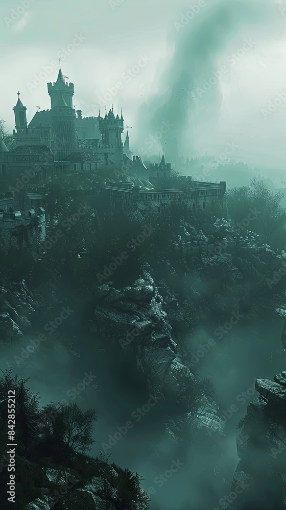 Fototapeta premium A mysterious castle on a foggy hilltop. Realistic.