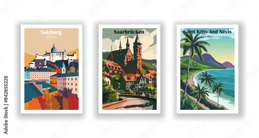 Fototapeta premium Saarbrücken, Germany, Saint Kitts And Nevis, Caribbean, Salzburg, Austria - Vintage travel poster. Vector illustration. Poster Travel for Hikers Campers Living Room Decor