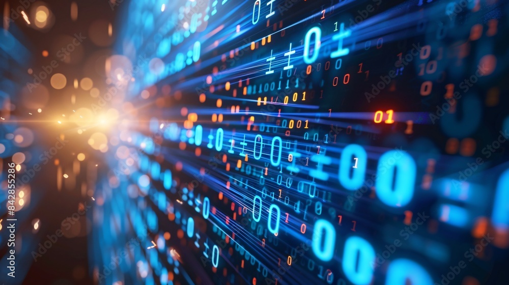Flow of Binary Code in a Digital Matrix, Representing Advanced Data Transfer and Cyber Security Concepts in a Futuristic Virtual Environment, digital background -Generative AI Flow of Binary Code in a Digital Matrix, Representing Advanced Data Transfer and Cyber Security Concepts in a Futuristic Virtual Environment, digital background -Generative AI