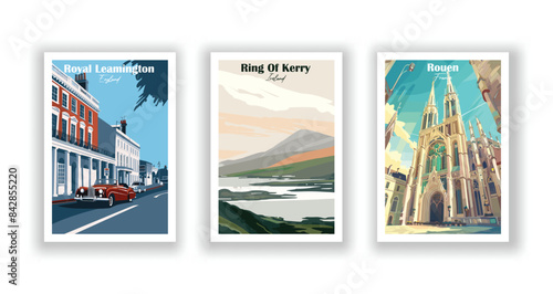 Ring Of Kerry, Ireland, Rouen, France, Royal Leamington, England - Vintage travel poster. Vector illustration. Poster Travel for Hikers Campers Living Room Decor