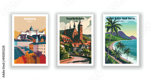 Saarbrücken, Germany, Saint Kitts And Nevis, Caribbean, Salzburg, Austria - Vintage travel poster. Vector illustration. Poster Travel for Hikers Campers Living Room Decor