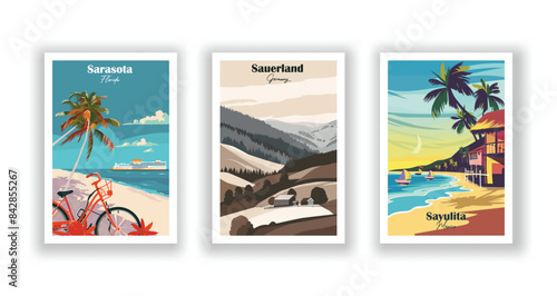 Sarasota, Florida, Sauerland, Germany, Sayulita, Mexico - Vintage travel poster. Vector illustration. Poster Travel for Hikers Campers Living Room Decor