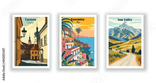Sun Valley, Idaho, Taormina, Italy, Tarnow, Poland - Vintage travel poster. Vector illustration. Poster Travel for Hikers Campers Living Room Decor