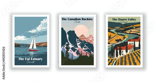 The Canadian Rockies, Canada, The Douro Valley, Portugal, The Fal Estuary, Cornwall - Vintage travel poster. Vector illustration. Poster Travel for Hikers Campers Living Room Decor