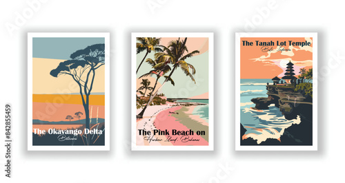 The Okavango Delta, Botswana, The Pink Beach on Harbour Island, Bahamas, The Tanah Lot Temple, Bali, In - Vintage travel poster. Vector illustration. Poster Travel for Hikers Campers Living Room Decor