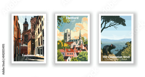 The Tasmanian Devil Conservation Park, Australia, Thetford, Norfolk, Toulouse, France - Vintage travel poster. Vector illustration. Poster Travel for Hikers Campers Living Room Decor