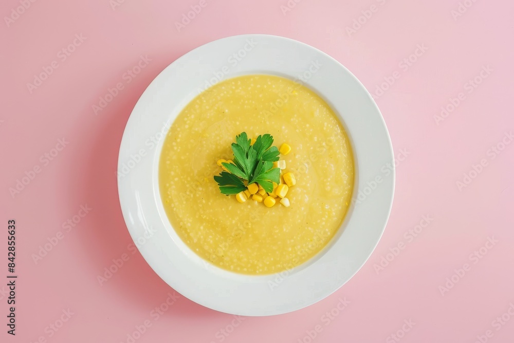A Creamy Corn Chowder With Parsley Garnish on a Pink Background A Creamy Corn Chowder With Parsley Garnish on a Pink Background