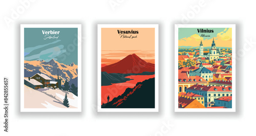 Verbier, Switzerland, Vesuvius, National Park, Vilnius, Lithuania - Vintage travel poster. Vector illustration. Poster Travel for Hikers Campers Living Room Decor