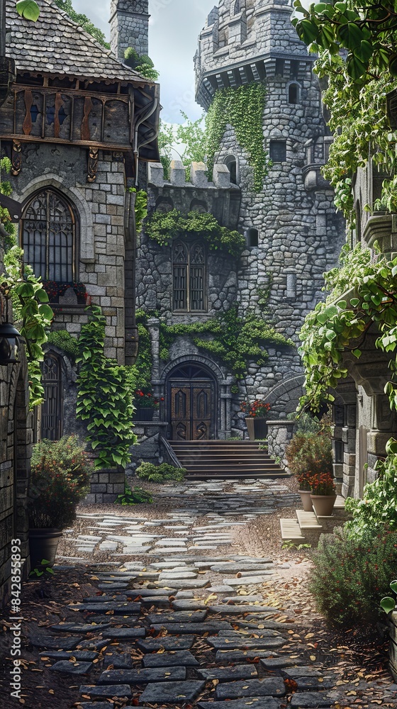 Fototapeta premium A medieval castle courtyard, realistic.