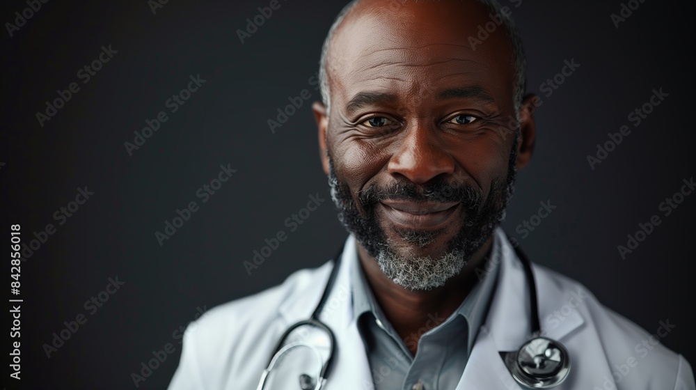 African American bearded male doctor poses on dark gray background wearing white doctors coat, professional people concept, copy space African American bearded male doctor poses on dark gray background wearing white doctors coat, professional people concept, copy space