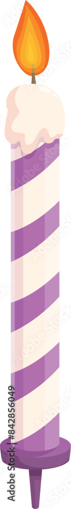 Tall purple and white striped birthday candle burning with a yellow flame Tall purple and white striped birthday candle burning with a yellow flame