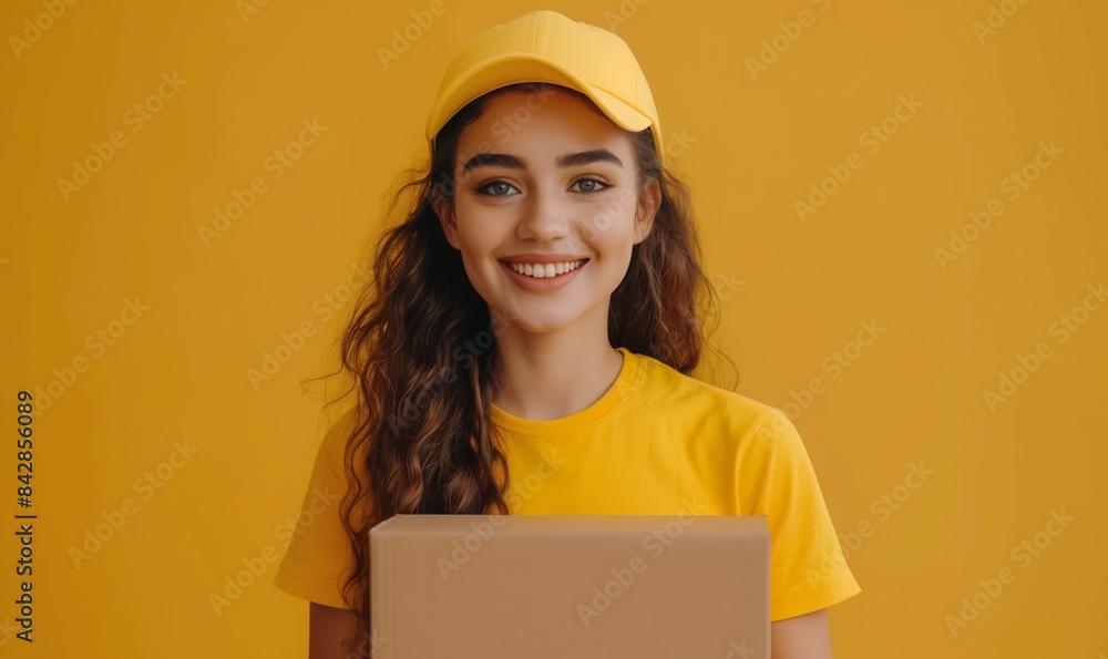 Young woman is pictured holding box wearing yellow uniform on a yellow background
