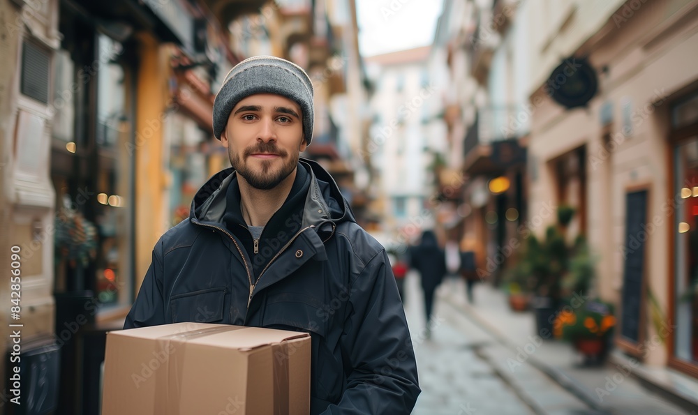 Delivery courier service. Delivery man in cap and uniform holding a cardboard box Delivery courier service. Delivery man in cap and uniform holding a cardboard box