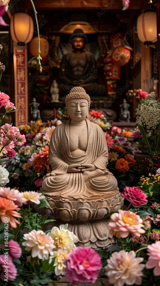 a statue of a buddha surrounded by flowers a statue of a buddha surrounded by flowers