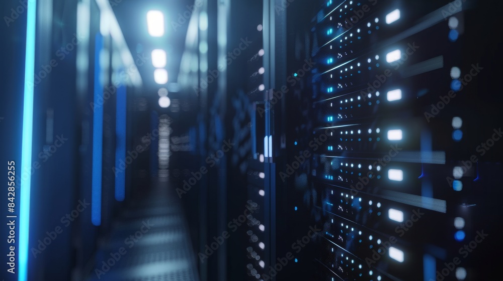 Several rows of servers in a data center. Telecommunications, cloud computing, stock, databases, and supercomputer technology concepts. Several rows of servers in a data center. Telecommunications, cloud computing, stock, databases, and supercomputer technology concepts.
