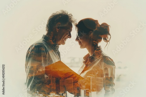 Middleaged couple reviewing insurance policies close up, focus on, copy space Clear and protective colors Double exposure silhouette with insurance forms