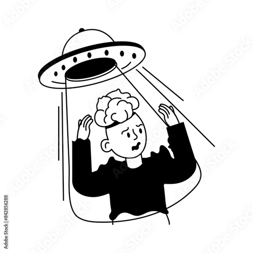 A hand drawn mini illustration of ufo abduction 