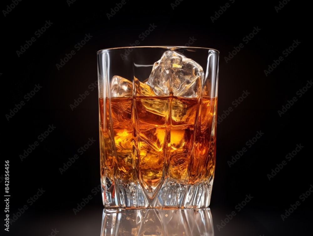 A glass of whiskey with ice cubes against a dark background, perfect for drink or beverage-related stock photos. A glass of whiskey with ice cubes against a dark background, perfect for drink or beverage-related stock photos.