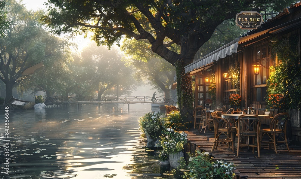 Fototapeta premium A peaceful riverside cafe with outdoor seating. Realistic.