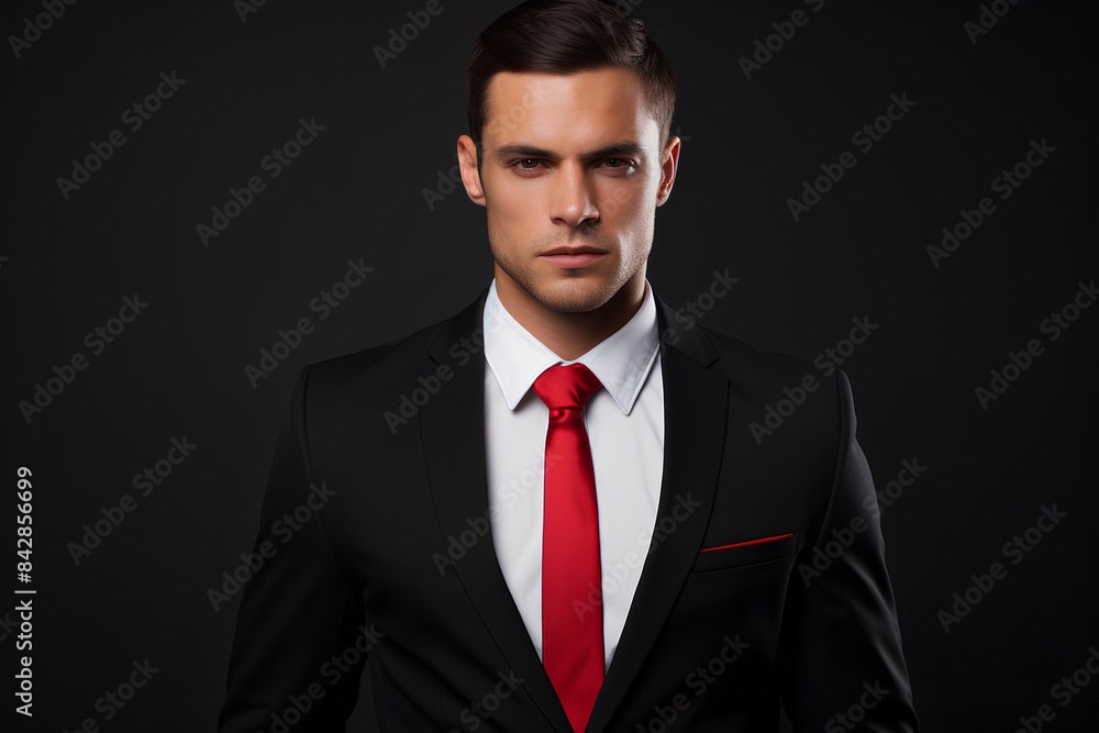 A business man with a black suit and a red tie over a white shirt A business man with a black suit and a red tie over a white shirt