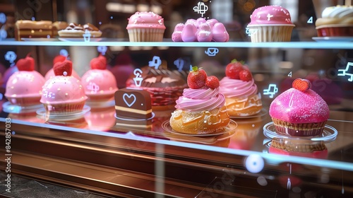 Wallpaper Mural Assorted colorful pastries and cakes displayed in a glass showcase at a bakery, featuring delicious treats with strawberries and chocolate. Torontodigital.ca