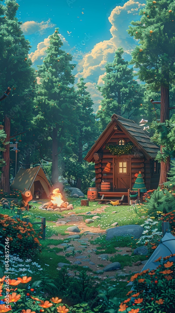 Obraz premium A tranquil forest glade with a wooden cabin, campfire, tents, and forest creatures, realistic.