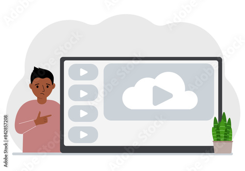 A little boy looks at the huge screen of a TV device, tablet or computer. The concept of a children's show or educational channel. Vector flat illustration
