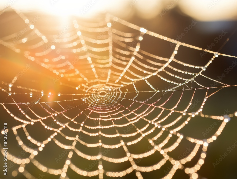 Naklejka premium A spider web glistening with dewdrops in the morning sun, creating a beautiful natural pattern and bokeh effect.