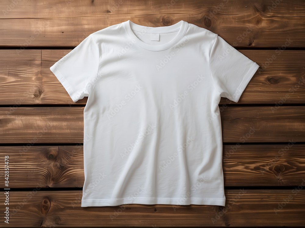 White t-shirt on wooden background design, top view. Mockup for design
