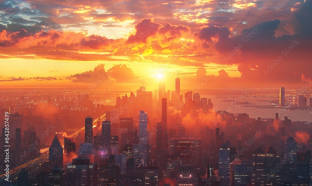 Fototapeta premium A bustling city skyline at sunset. Realistic.