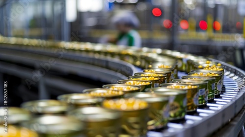In a clean and orderly tinned products factory, a precise line of canned food awaits distribution, showcasing the meticulous attention to quality and hygiene standards